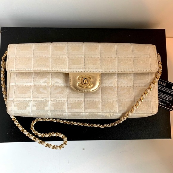 CHANEL 💛 Metallic Gold White Rectangular Convertible Clutch East West Flap Bag - Picture 17 of 17